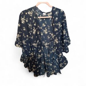 Navy Floral Kimono Tie Top / Size S-M / No Brand